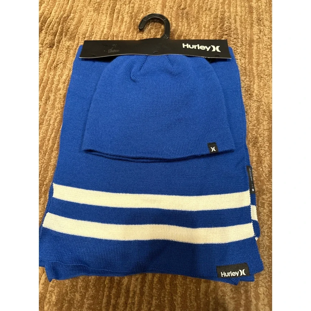 Hurley‎ Beanie and Scarf Set Blue White Striped Knit Winter Hat $25 NWT